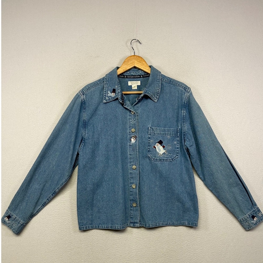Vintage Winter Christopher & Banks Womens M Blue Snowman Embroidered Denim Shirt